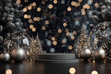Fototapeta premium Festive winter Christmas podium decorated with glowing lights and ornaments background