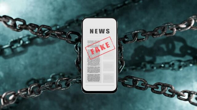 Fake news on the phone screen. Dark atmosphere with iron chains. Deceiving citizens leading to war. Deceiving users. Elections in dictatorial countries. Weapons of dictators. Bots in social networks.
