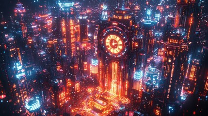 Naklejka premium Futuristic cityscape illuminated with vibrant neon lights, showcasing a cyberpunk aesthetic and a clock tower centerpiece at night.