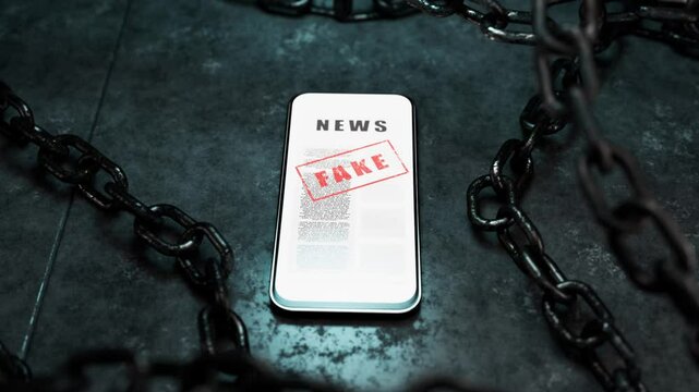 Deceiving citizens leading to war. Fake news on the phone screen. Dark atmosphere with iron chains. Deceiving users. Elections in dictatorial countries. Weapons of dictators. Bots in social networks.