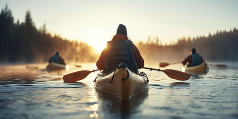 Group of men kayaking.