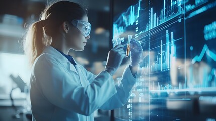 Female Scientist Examining Liquid in Test Tube Against Data Visualization Screen