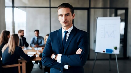 Businessman in suit with crossed arms in foreground; team meeting with flip chart in background.
