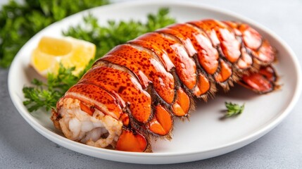 A gourmet lobster tail baked to perfection, served on a white plate with minimalistic presentation, inviting and savory.