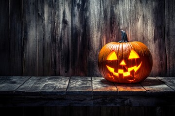 Obraz premium Scary halloween pumpkin on wooden planks with generative ai