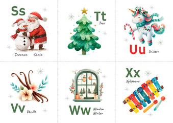 Six educational cards for preschool children, which depict letters and illustrations of Christmas, designed to teach kids the alphabet. Watercolor illustration in pastel colors.