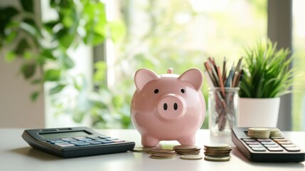A pink piggy bank, coins, and a calculator arranged on a clean desk, symbolizing financial planning and saving for the future.