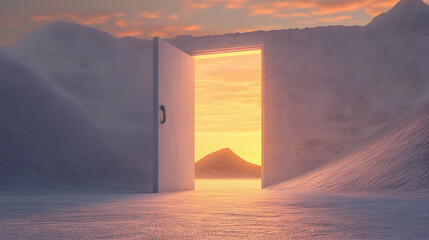 Fototapeta premium 3D illustration of an open door leading to a desert, symbolizing new beginnings -