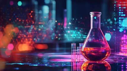 A Glass Flask Filled with Liquid on a Reflective Surface with a Colorful Background