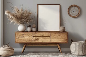 Stylish and minimalist composition on wooden design commode with mock up poster frame, flowers in vase, decorations and personal accessories, Generative AI