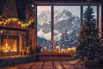 A tranquil winter scene featuring a cozy cabin interior with a warm fireplace, festive decorations, and a snow-covered mountain view. Perfect for holiday themes and winter retreat concepts.