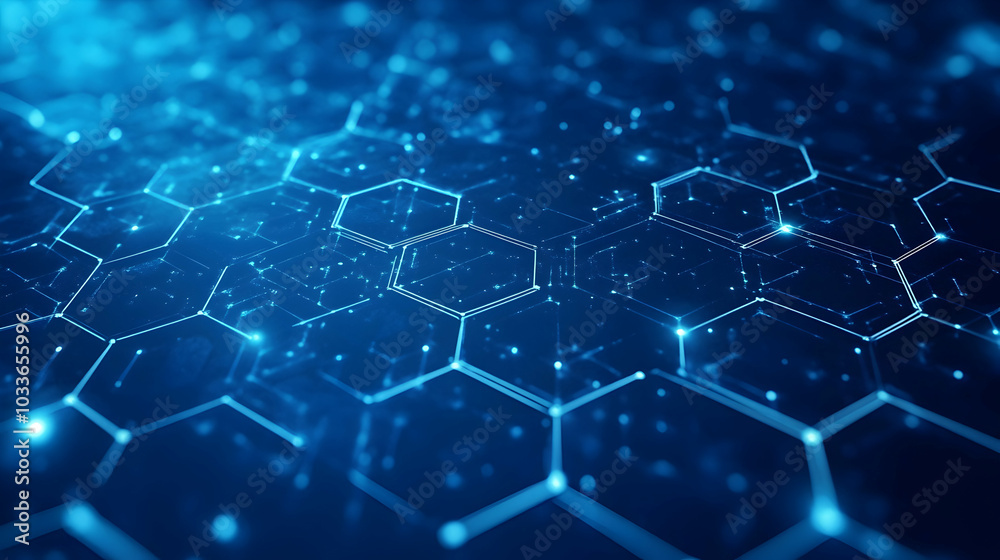 Wall mural a blue background filled with hexagons and dots, symbolizing data and connectivity -