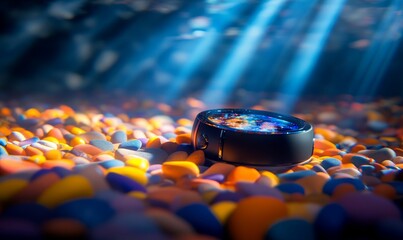 A black ring with a galaxy inside on colorful rocks.
