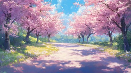 A scenic garden walkway surrounded by blossoming pink sakura trees, with bright sunlight highlighting the vibrant colors of spring