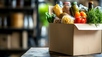 A cardboard box filled with food items ready for donation -