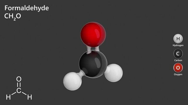 Formaldehyde is the simplest aldehyde, a colorless gas with a pungent odor. It is used as a preservative and disinfectant due to its antibacterial properties. Formula: CH2O. Gray back. 3D render.
