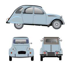 Véhicule de collection, de couleur grise, vue de dos, de face et profil sur fond blanc  © guitou60