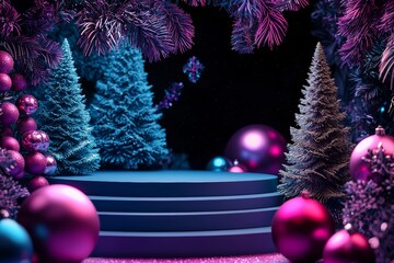 Festive winter Christmas podium decorated with glowing lights and ornaments background