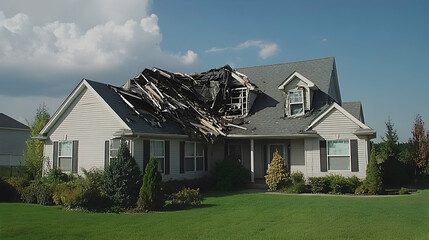 Obraz premium A damaged house roof with missing shingles after a storm, illustrating the effects of natural disasters. -