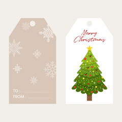 Naklejka premium Printable christmas tag labels with front and back sides. Vector illustration of christmas tag with christmas tree on the front side and snowflakes on the back side.
