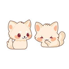 Beige Kawaii Cat Character Icon. Funny Cute Domestic Kitty Cartoon Doodle Element. Small Fluffy Home Mascot. Positive Childish Decoration Symbol.