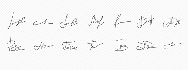 Fake signatures. Fake autograph. Personal signature calligraphy. Contrived signature. Drawing autograph
