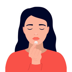 Depressed woman taking antidepressant drug pill, painkillers. Sad girl hold handful medicine. Fighting anxiety hormonal drugs. Medication treating illness or disorder health. Vector illustration