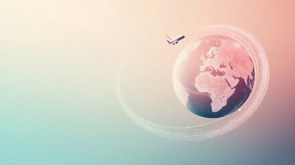 Obraz premium A globe is illustrated with an airplane flying around it, leaving a trail that captures the essence of global travel and exploration. Generative AI