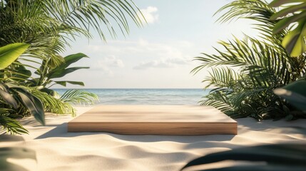 Fototapeta premium A wooden product display podium on a bright, sunny beach with clear skies and soft sand, surrounded by tropical decor, perfect for summer ad campaigns.