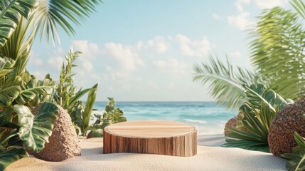 Fototapeta premium A wooden product display podium on a bright, sunny beach with clear skies and soft sand, surrounded by tropical decor, perfect for summer ad campaigns.