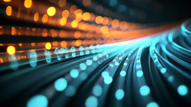 A close-up of fiber optic cables glowing with blue light