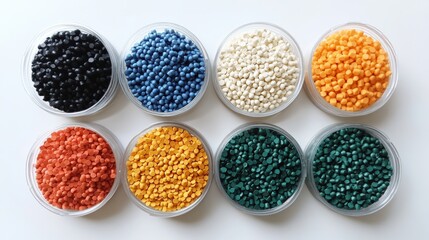 Colorful PVC Granules in Clear Containers, Samples for Plastic Manufacturing and Production