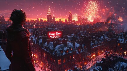 Spectacular cityscape with fireworks lighting the New Year's Eve sky, featuring a festive 'Happy New Year 2025' sign downtown.
