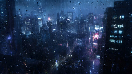 Naklejka premium A rainy city night seen through a window with raindrops. -