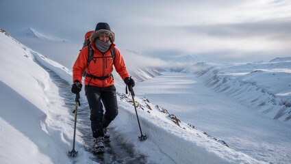 Snowshoer in orange jacket hikes along snowy trail in a stunning glacial landscape
