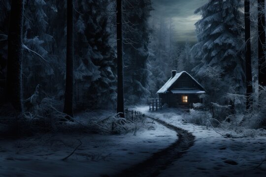 Cabin in snowy forest spooky tranquility architecture building house.