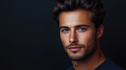 Obraz premium Portrait of a Handsome Man with a Close-Up of his Face and Eyes, Capturing a Natural and Confident Expression, Ideal for Advertising, Beauty, and Fashion Campaigns.