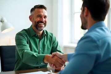 Obraz premium Smiling middle aged business man handshaking partner making partnership collaboration agreement at office meeting, hr manager and new worker shake hands recruiting at job interview