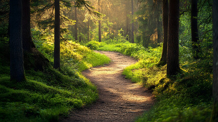 Obraz premium A serene path winding through a lush forest, inviting peaceful exploration of nature. -