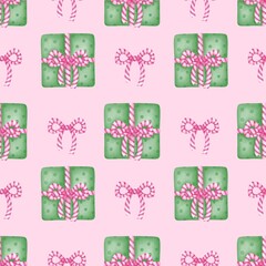 Seamless pattern with cute christmas gift boxes and bows. For fabric, packaging paper, scrapbooking.