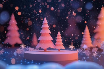 Festive winter Christmas podium decorated with glowing lights and ornaments background