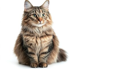 Obraz premium Playful cat sitting against white background, charming and full of personality. Expressive eyes and inviting fur texture for animal lovers