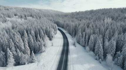 Obraz premium Aerial view of a winding road cutting through a dense, snow-covered forest in winter, creating a serene and remote landscape surrounded by tall, frost-covered trees under a soft sky