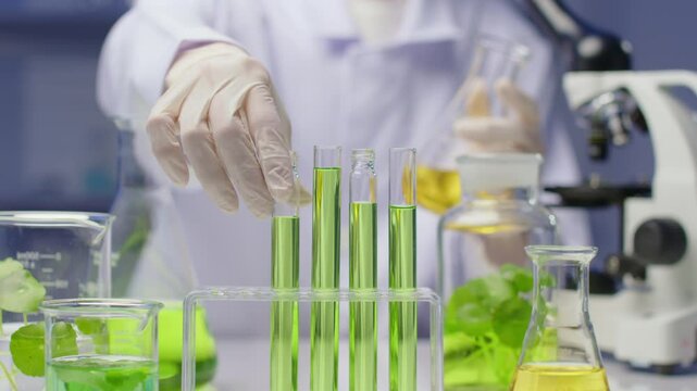 Centella product advertising footage with experiment theme. The scientist shaking an erlenmeyer of yellow essence gently, then pick up a test tube of centella extract in rack to compare