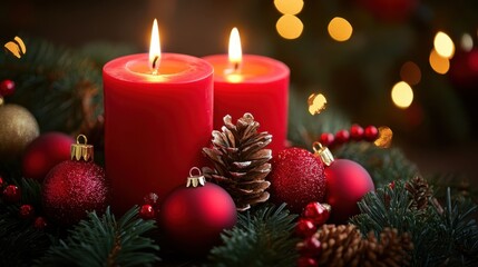 Christmas candles burning warmly in a dark setting, creating a peaceful holiday atmosphere, perfect for seasonal content or festive greetings.