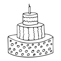 Big single hand drawn doodle cream cake with candle. Vector black line clip art in simple style. Element for greeting cards, posters, stickers and birthday design. Isolated on white.