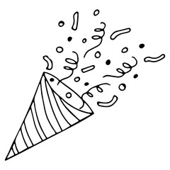 Cute festive striped party popper with confetti. Party popper explosion in contour doodle style without filling. Celebrate element. Monochrome black line vector elements isolated on white background.