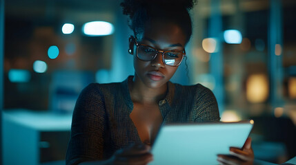A young Black woman working on a tablet, focused and engaged at her desk. -