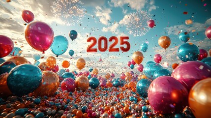 Vibrant celebration scene with colorful balloons floating in the sky and the number 2025, symbolizing a joyous new year or event.