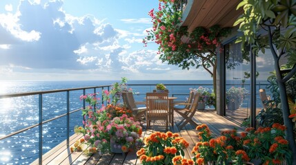 Obraz premium Ultra detailed balcony with oceanfront views, equipped with a small dining table